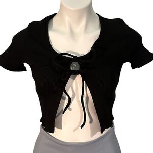 Attirance Black Ribbed Tie-Front Top, size L.